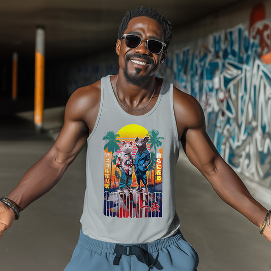 Silbergraues Tanktop von GOGOJIFAM mit dem Motiv MICE VICE: Zwei Cop-Mäuse im realistischen Manga-Stil tragen Hawaiihemd und Anzug – eine Hommage an Miami Vice. Souverän und cool sind sie im Einsatz gegen die illegale Tierausbeutung. Das fantasievolle Design setzt ein kreatives Zeichen für Umwelt- und Tierschutz und macht auf den Kampf der Tiere um ihre Existenz aufmerksam.