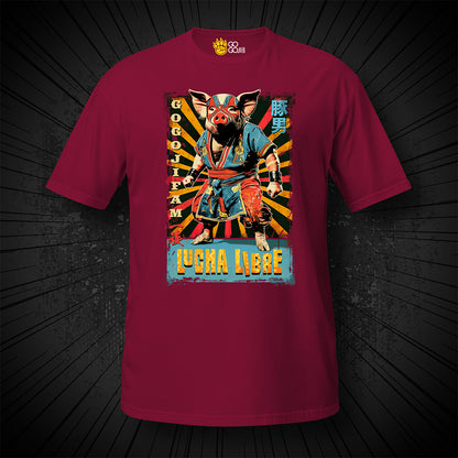 Kardinalrotes T-Shirt von GOGOJIFAM mit dem Motiv WRESTLER “THE PIGMAN“: Ein Wrestling-Schwein im realistischen Manga-Stil trägt einen farbigen Kimono und eine und Lucha Libre Maske. Entschlossen und kampfbereit verkörpert er den Widerstand der Tiere gegen ihre Bedrohung. Das fantasievolle Design setzt ein kreatives Zeichen für Umwelt- und Tierschutz und macht auf den Kampf der Tiere um ihre Existenz aufmerksam.