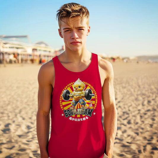 Rotes Tanktop von GOGOJIFAM mit dem Motiv PUMPIN CHIC: Ein kleines, aber muskulöses Küken stemmt entschlossen die Langhantel. Das ausdrucksstarke Design im Manga-Stil erinnert an ein Gym-Club-Logo und inspiriert dazu, über den eigenen Schatten zu springen. Zugleich setzt das Motiv ein augenzwinkerndes Statement für Umwelt- und Tierschutz.
