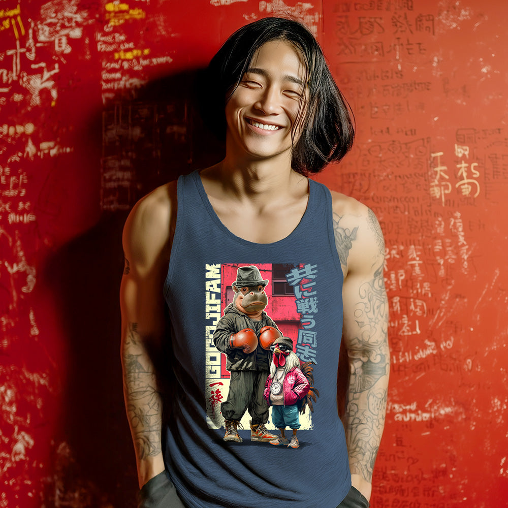 Heather Navy-farbenes Tanktop von GOGOJIFAM mit dem Motiv ROCKOPOTAMUS: Ein Nilpferd mit Boxhandschuhen und sein Gockel-Trainer im realistischen Manga-Stil präsentieren sich in kämpferischer Pose. Das fantasievolle Design betont die Stärke von Zusammenhalt und setzt zugleich ein augenzwinkerndes Statement für Umwelt- und Tierschutz.
