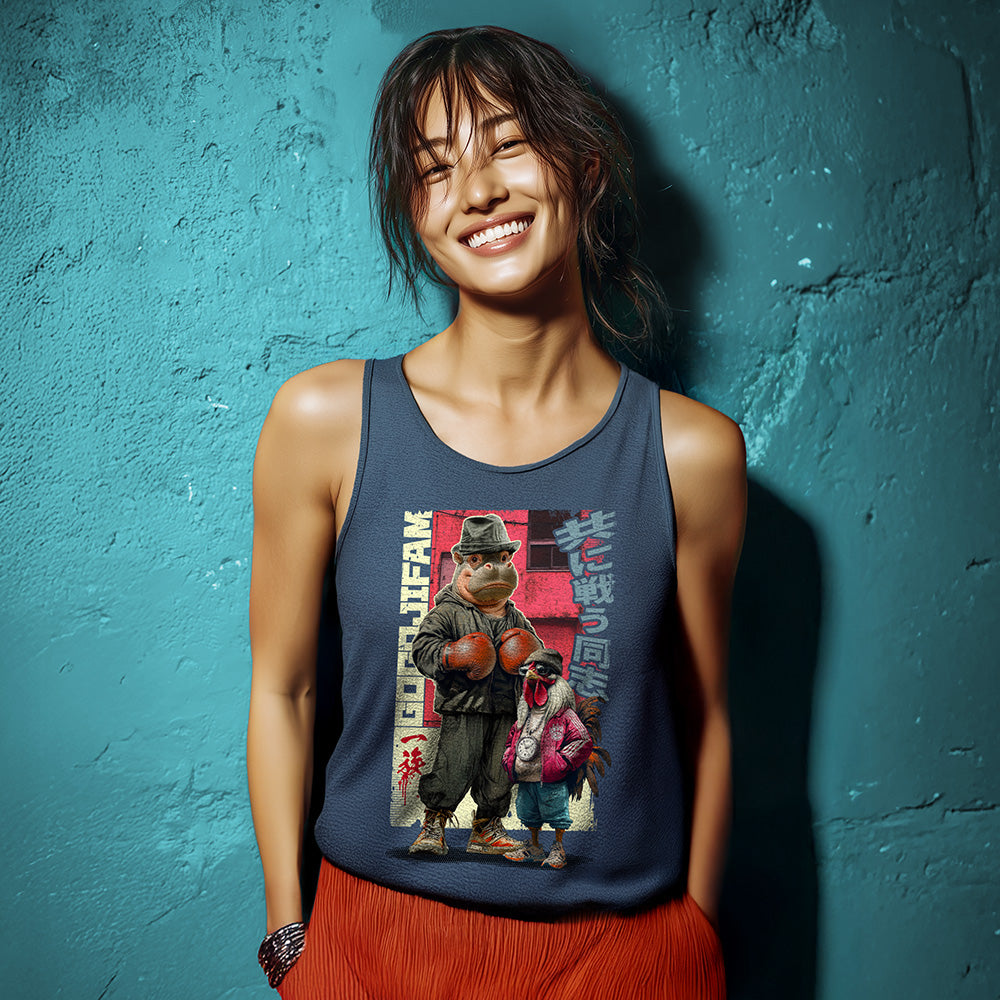 Heather Navy-farbenes Tanktop von GOGOJIFAM mit dem Motiv ROCKOPOTAMUS: Ein Nilpferd mit Boxhandschuhen und sein Gockel-Trainer im realistischen Manga-Stil präsentieren sich in kämpferischer Pose. Das fantasievolle Design betont die Stärke von Zusammenhalt und setzt zugleich ein augenzwinkerndes Statement für Umwelt- und Tierschutz.