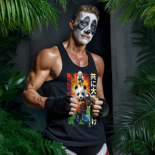 Schwarzes Tanktop von GOGOJIFAM mit dem Motiv TEAM PANDA: Ein Karate-Panda im realistischen Manga-Stil trägt einen orange-blauen Kimono und Boxhandschuhe. Auf seinem Kopf balanciert sein Meister - ein kleines Äffchen in meditativer Yogaposition. Das fantasievolle Design betont die Stärke von Zusammenhalt und setzt zugleich ein augenzwinkerndes Statement für Umwelt- und Tierschutz.